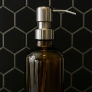 SET OF 2: 16 OZ. GLASS SOAP DISPENSERS W/ METAL PUMP (AMBER GLASS/SILVER…